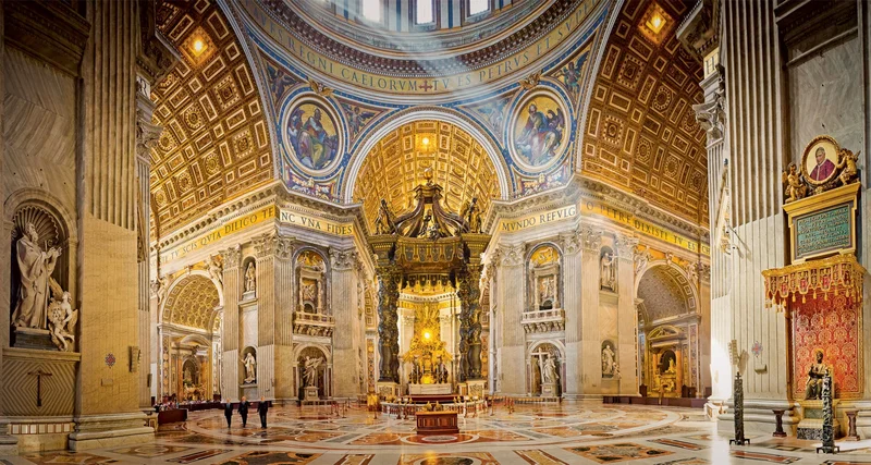 Beneath Michelangelo’s great dome, the high altar of the Basilica of St. Peter in Rome is covered by a baldachin, a bronze canopy. The altar is built over an underground monument identified as the tomb of the apostle.