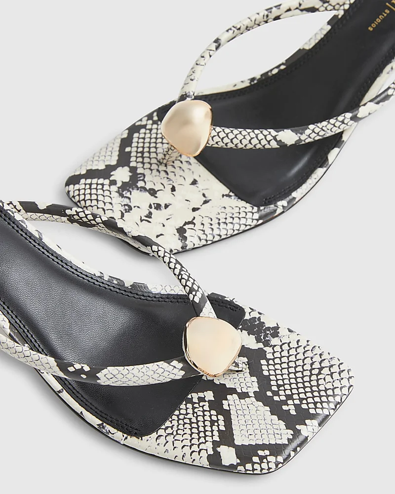 Beige Snake Print Toe Thong Heeled Sandals