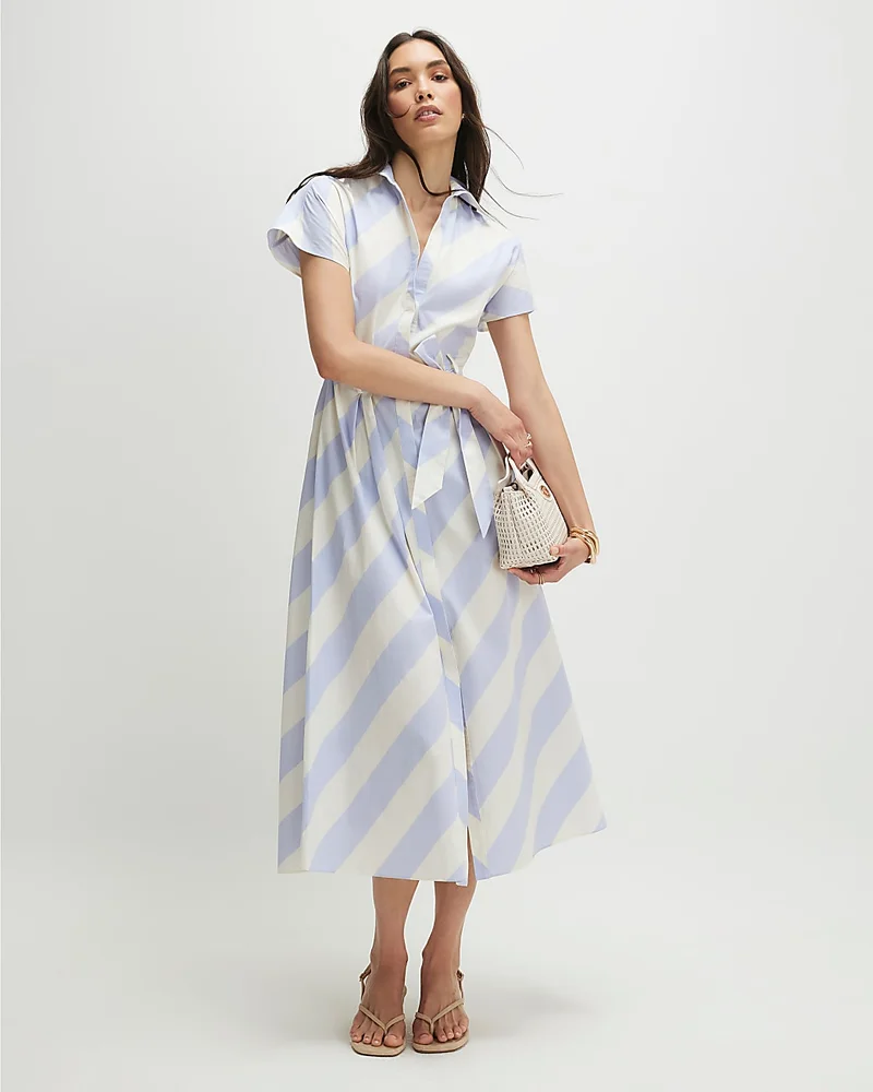 Blue Striped Midi Shirt Dress