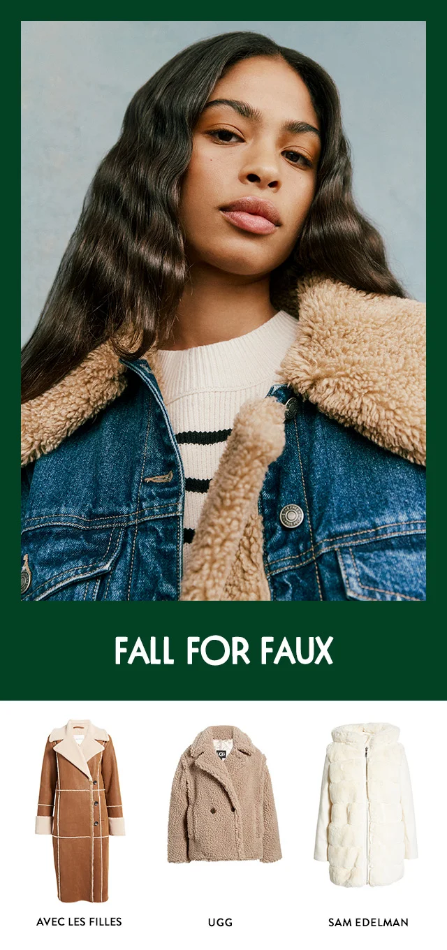 Woman wearing a faux-fur coats. Faux-fur coats from Avec Les Filles, UGG and Sam Edelman.