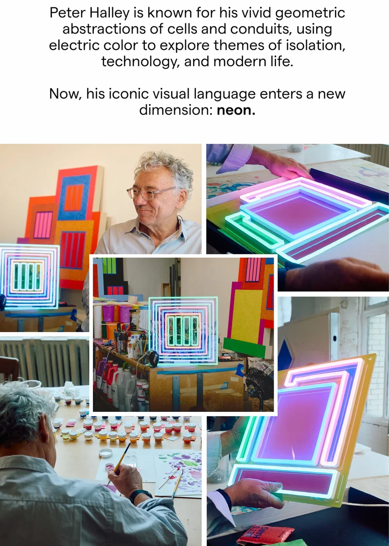 Peter Halley is known for his vivid geometric abstractions of cells and conduits, using electric color to explore themes of isolation, technology, and modern life. Now, his iconic visual language enters a new dimension: neon.