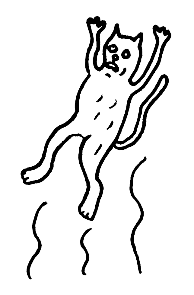 A black line illustration of a cat falling.