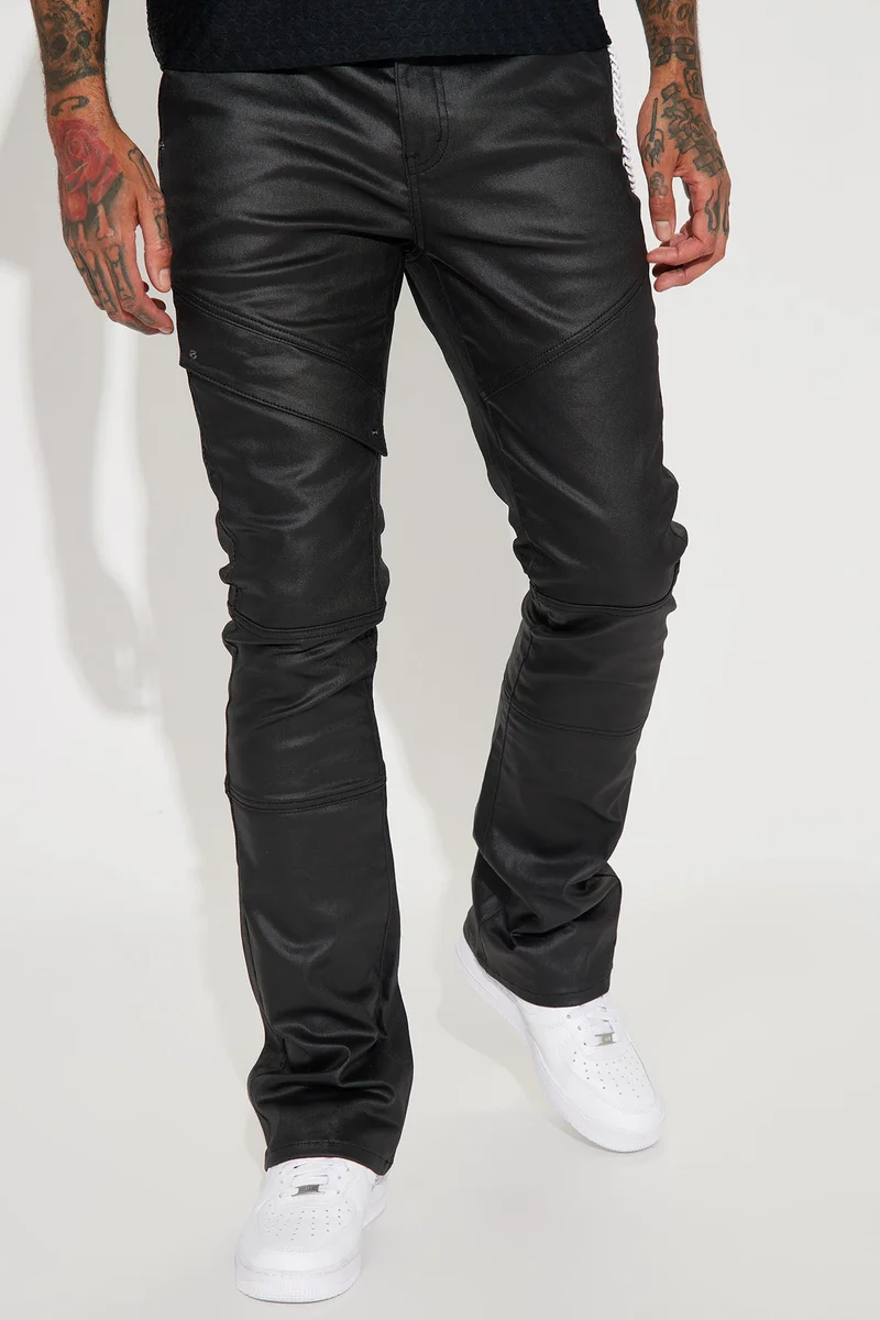 Image of Beg For Me Coated Stacked Skinny Flare Pants - Black