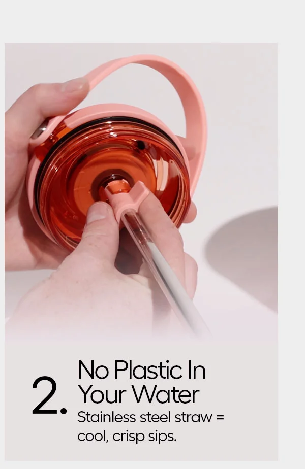 1. Easy to Carry: Durable swing handle for esy easy carrying and storage. 2. No Plastic in Your Water: Stainless steel straw = cool, crisp sips.