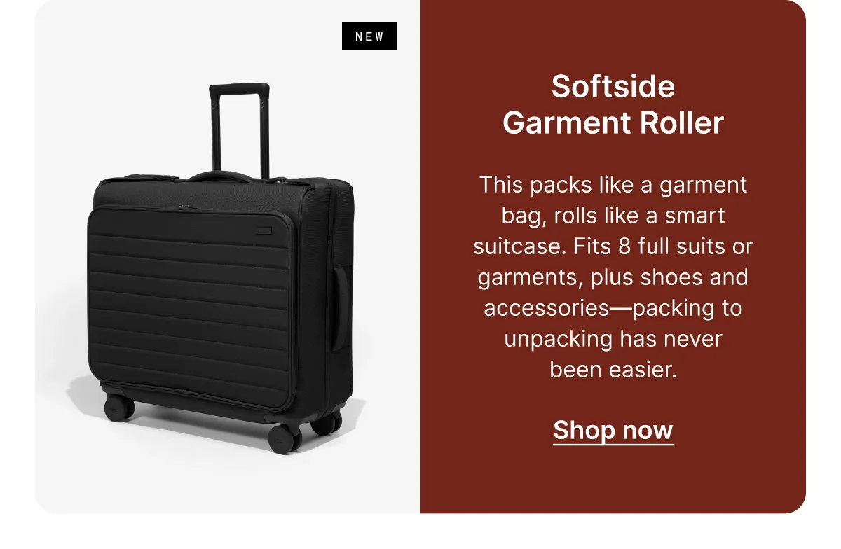 Softside Garment Roller | This packs like a garment bag, rolls like a smart suitcase. Fits 8 full suits or garments, plus shoes and accessories—packing to unpacking has never been easier.