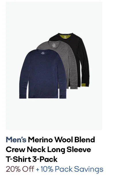 MEN'S MERINO WOOL BLEND CREW NECK LONG SLEEVE T-SHIRT 3-PACK | 20% OFF + 10% PACK SAVINGS