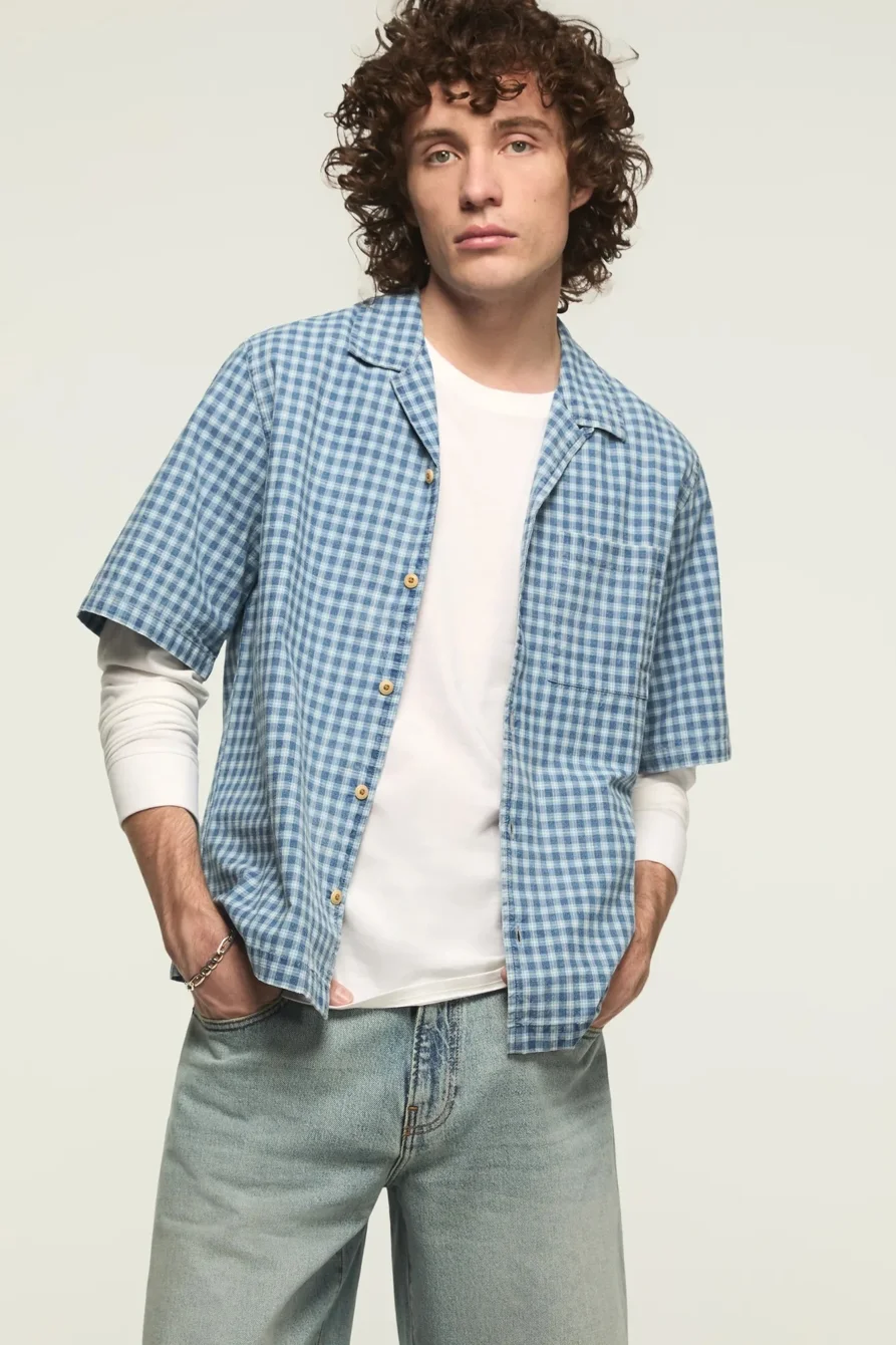 Image of Lucky Brand Untucked Camp Collar Shirt - Men's Clothing Outerwear Shirt Jackets in Indigo