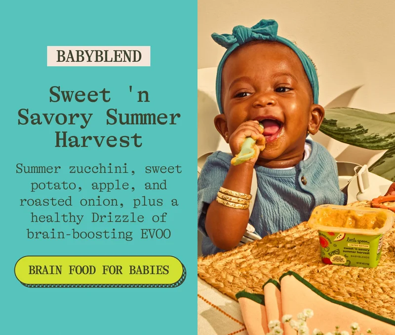 Babyblend: Sweet 'n Savory Summer Harvest (8+ mo)  Summer zucchini, sweet potato, apple, and roasted onion, plus a healthy Drizzle of brain-boosting EVOO