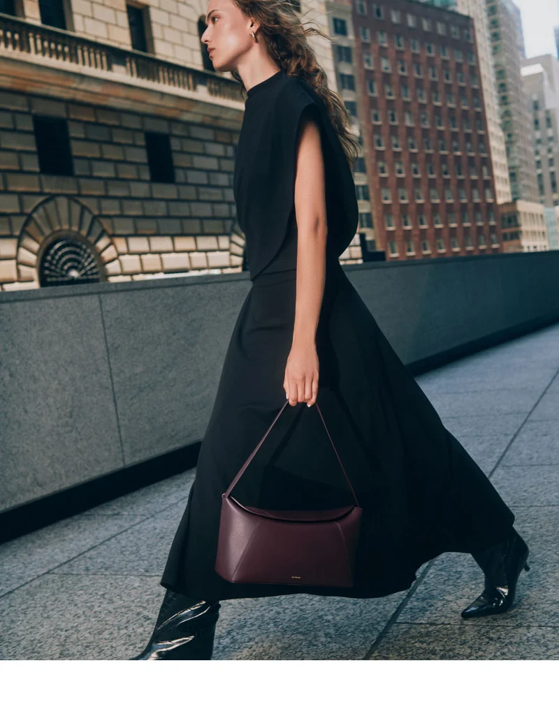 Ponte Asymmetrical Top, Ponte Pleat Front Skirt, and Forma Shoulder Bag