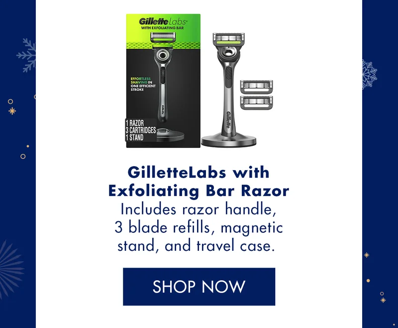 GilletteLabs with Exfoliating Bar Razor. Includes razor handle, 3 blade refills, magnetic stand, and travel case. SHOP NOW