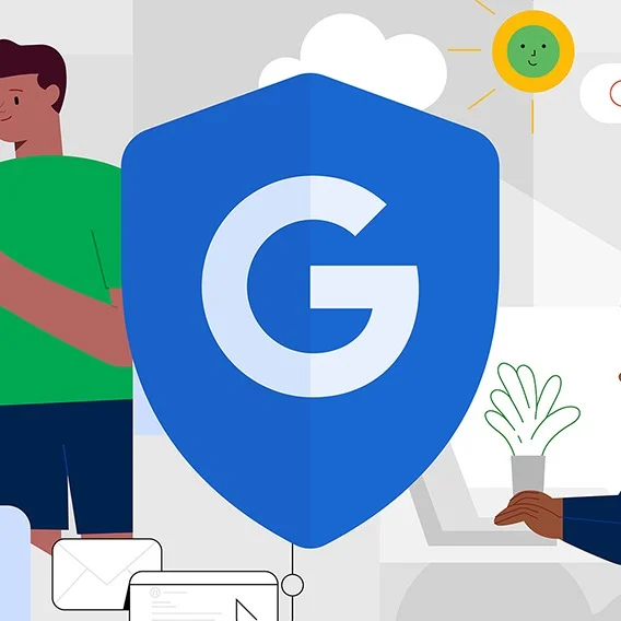 An illustration with a large blue shield featuring the Google 'G' logo.
