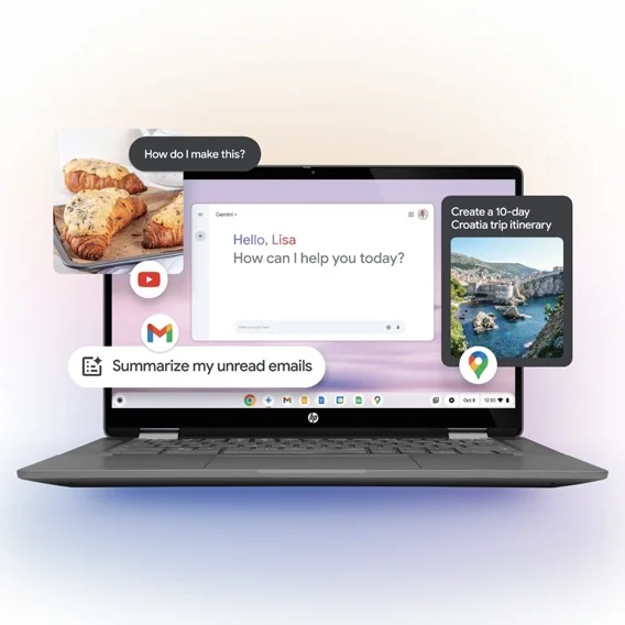 A Chromebook displaying various Google applications and features.