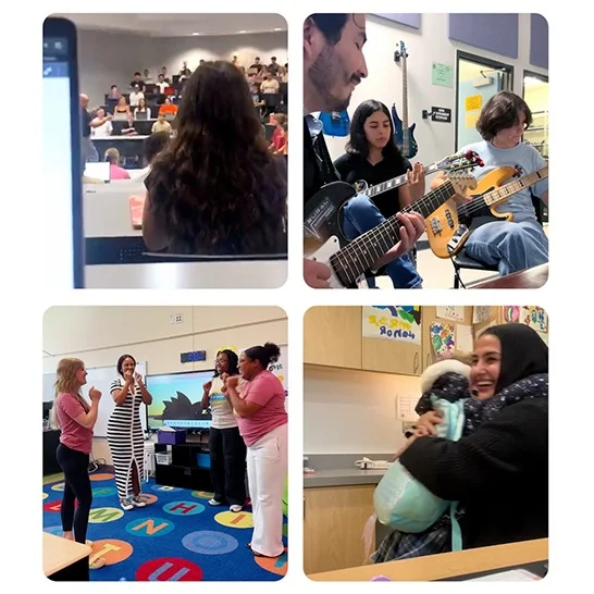 Four candid photos of people in a classroom.