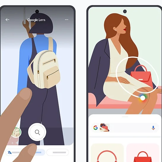 A smartphone using Google Lens to identify a backpack and another smartphone using Circle to Search to find similar handbags.