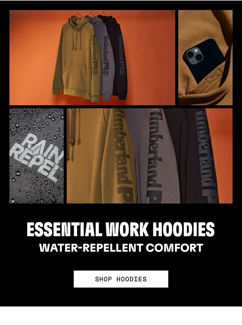 Essential Work Hoodies. Water-Repellent Comfort. Shop Now.