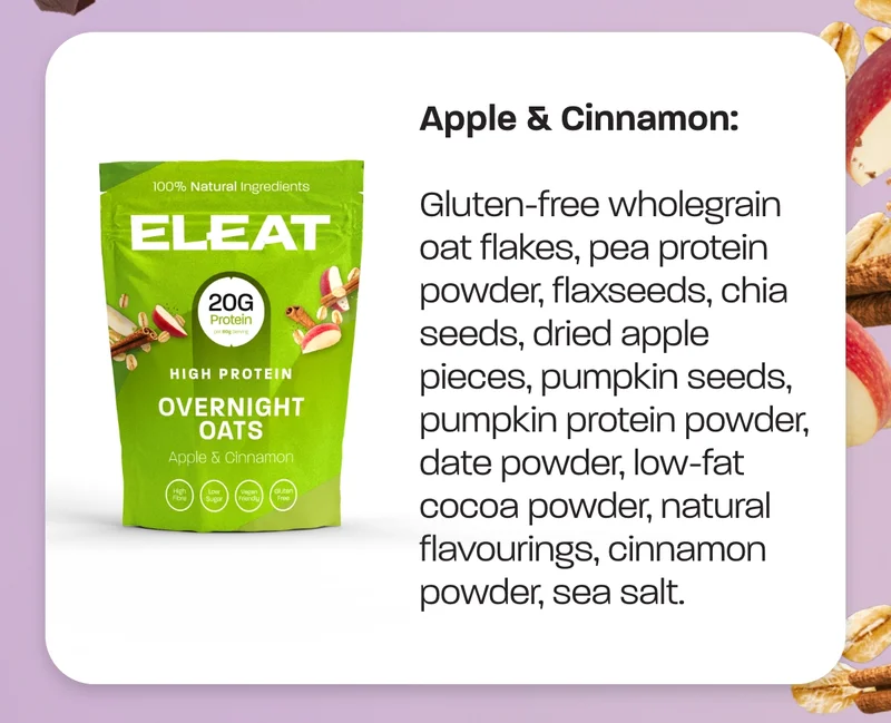Gluten-free wholegrain oat flakes, pea protein powder, flaxseeds, chia seeds, dried apple pieces, pumpkin seeds, pumpkin protein powder, date powder, low-fat cocoa powder, natural flavourings, cinnamon powder, sea salt.
