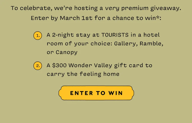 To celebrate, we’re hosting a very premium giveaway. Enter for a chance to win*:  1. A restorative 2-night stay at TOURISTS in a hotel room of your choice: Gallery, Ramble, or Canopy  2. A $300 Wonder Valley gift card to carry the feeling home