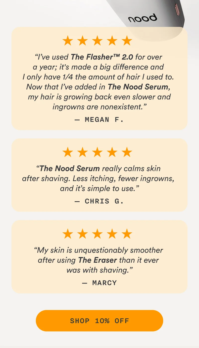 “I’ve used The Flasher™ 2.0 for over a year; it's made a big difference and I only have 1/4 the amount of hair I used to. Now that I’ve added in The Nood Serum, my hair is growing back even slower and ingrowns are nonexistent.” —Megan F. “The Nood Serum really calms skin after shaving. Less itching, fewer ingrowns, and it’s simple to use.” —Chris G. “My skin is unquestionably smoother after using The Eraser than they ever were with shaving.” —Marcy CTA2: SHOP 10% OFF