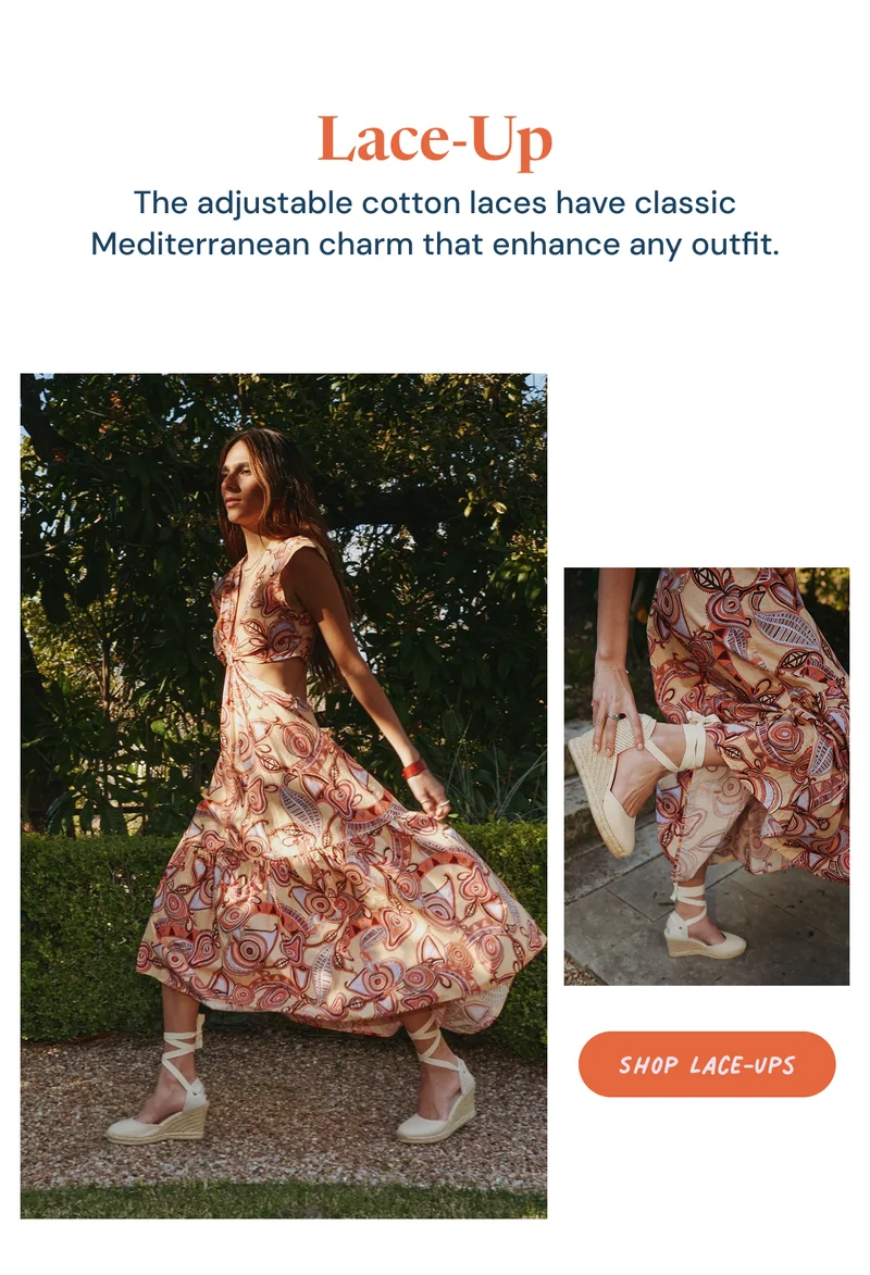 Lace-Up. Romantic and adjustable with Mediterranean charm for dresses and denim.