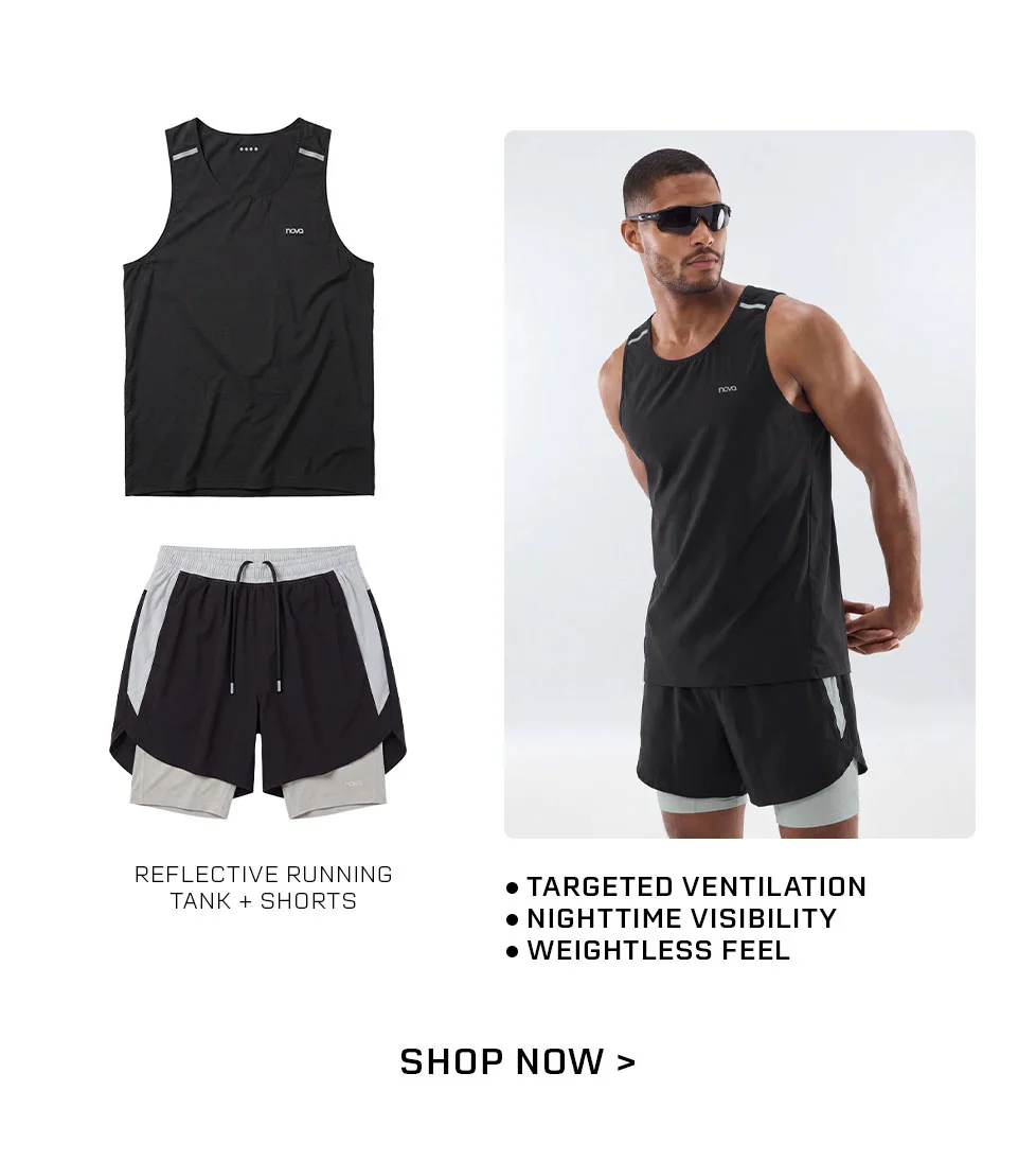 Men's black reflective running tank & shorts set. Optimized for targeted ventilation, nighttime visibility, & weightless performance.