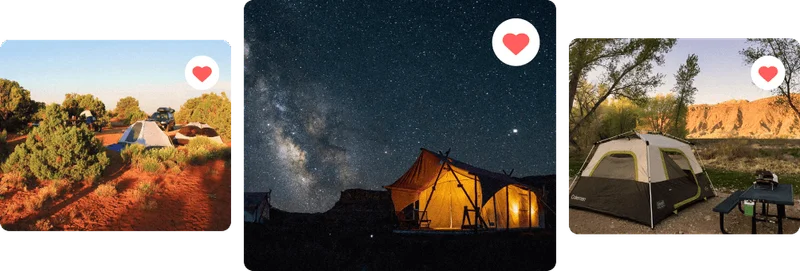 Image Description: An assorted reel of images featuring popular camping grounds for stargazing in Moab, labeled with “Saved” heart icons