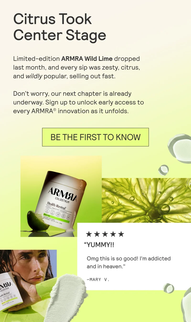 ARMRA Wild Lime promotion with lime visuals, product image, and customer review.