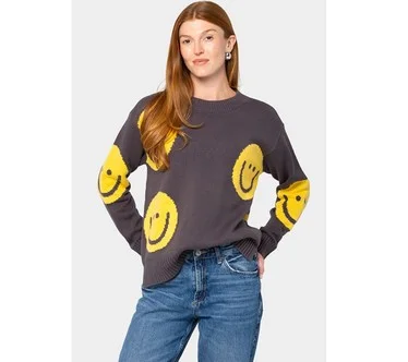 Peace Love World Motif Intarsia Pullover Sweater