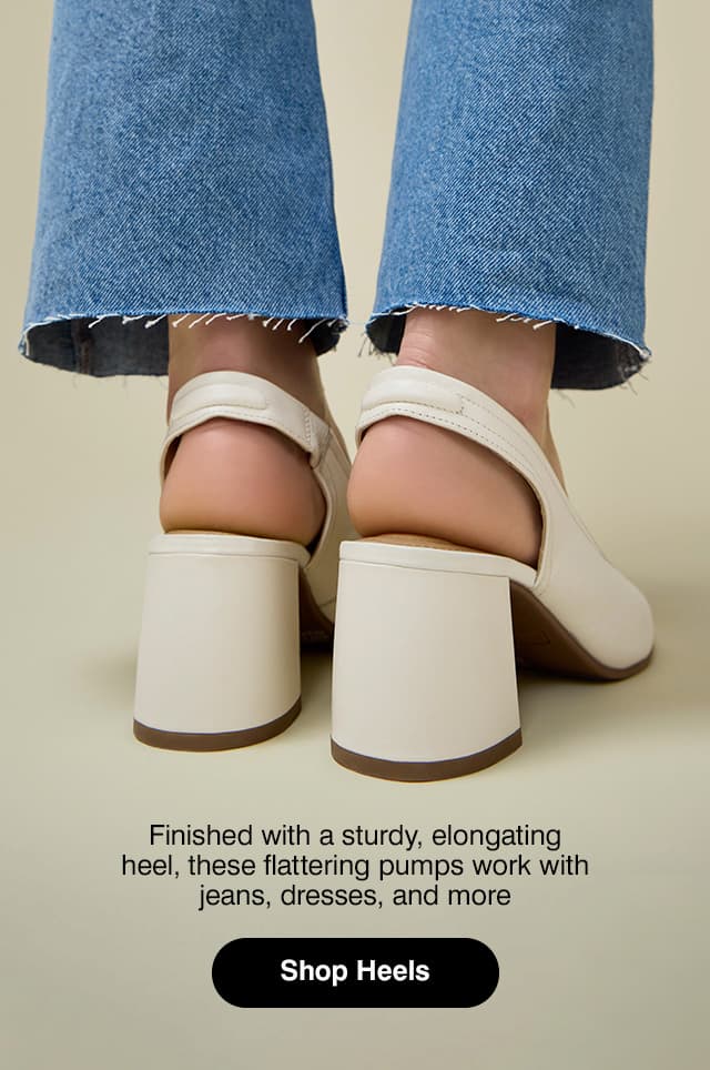 The back of the Mirole Sandal paired with cropped raw-edge jeans. The text says Finished with a sturdy, elongating heel, these flattering pumps work with jeans, dresses, and more.
