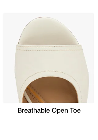 A bird's eye view of the front portion of the Mirole Sandal in Chalk White. The text says Breathable Open Toe.