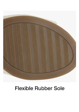 The textured stripe rubber sole on the Mirole Sandal. The text says Flexible Rubber Sole.