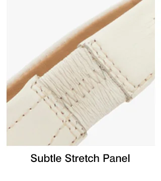 A close-up of the stretch gore on the Mirole slingback strap. The text says Subtle Stretch Panel.
