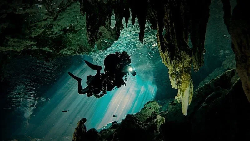 Image description: Divers at Cenote Dos Ojos.