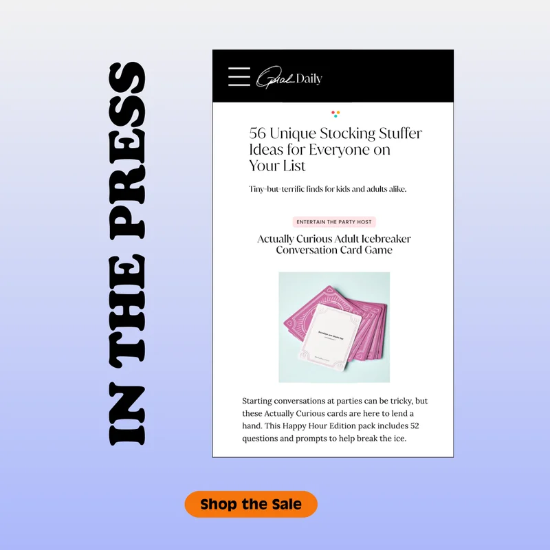 Press feature from Oprah Daily highlighting Actually Curious as a recommended stocking stuffer, shown alongside card deck imagery.