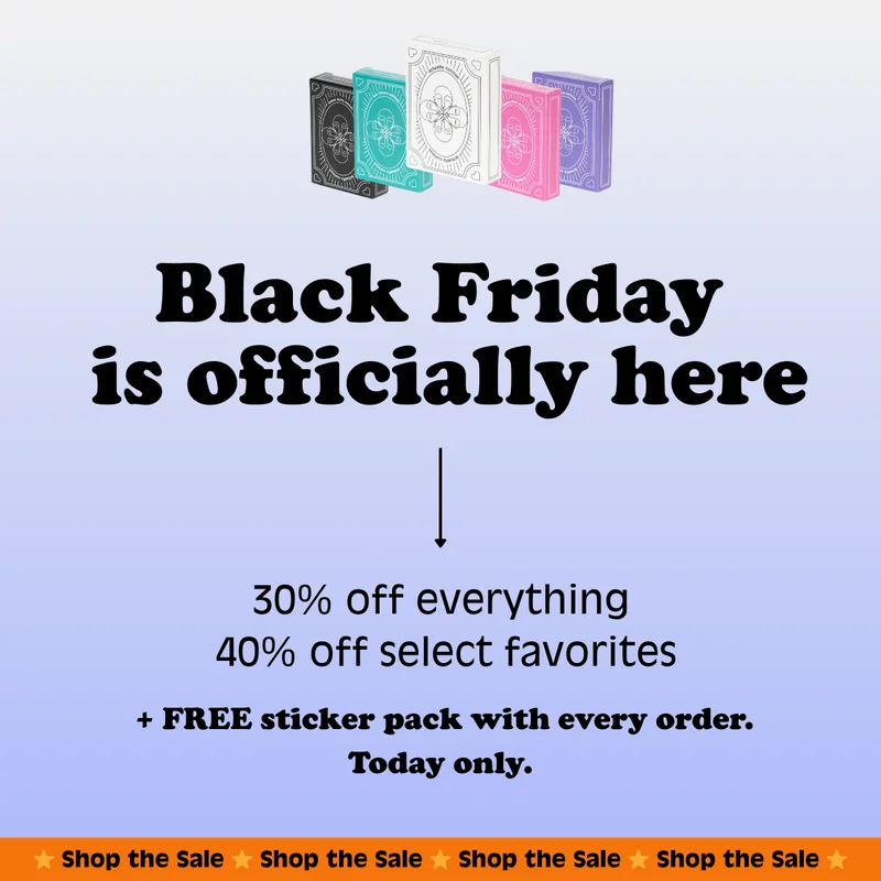 Black Friday graphic showing Actually Curious card decks with text: 30% off everything, 40% off select favorites, plus a free sticker pack with every order today only.