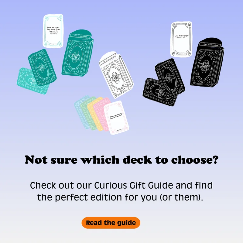 Graphic of multiple Actually Curious card decks with text encouraging readers to explore the Curious Gift Guide to find the right edition.