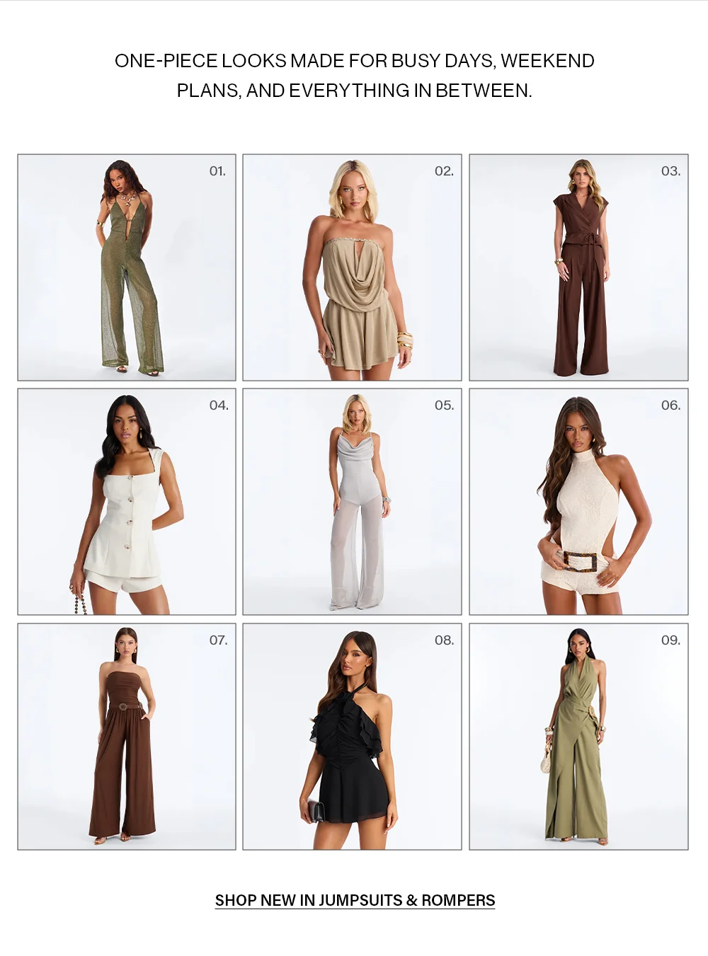 New women's jumpsuits & rompers collection. Versatile one-piece outfits for busy days, weekends & all occasions.