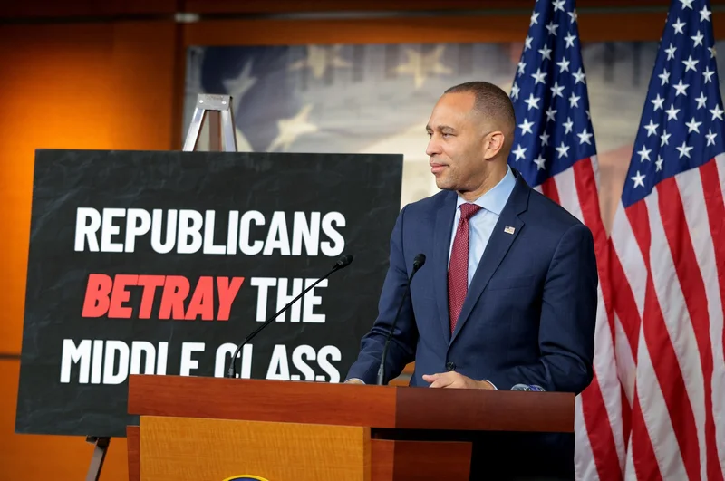 House Minority Leader Hakeem Jeffries speaks at a press conference at the US Capitol on February 13, 2025 in Washington, DC.