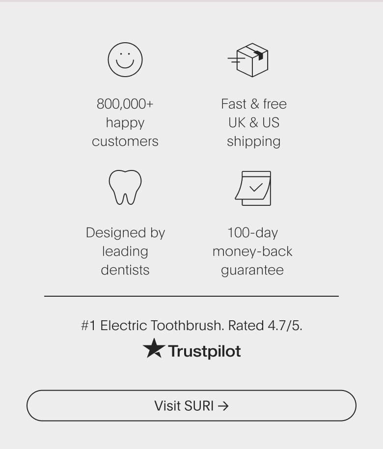 Our credentials - 500K happy customers, fast and free UK & US shipping, designed by leading dentists, and 100 day money back guarantee. Rated 4.8/5 on Trustpilot.