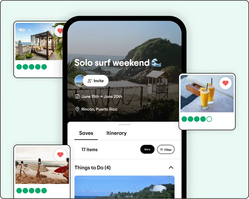 Image Description: Phone screen shows an itinerary called ‘Solo Surf Weekend’ with a wave emoji. Photos appear around the phone screen showing items that have been saved. One photo shows a beachside cabana, another shows people on a beach with surfboards, and the third photo shows two tropical drinks.