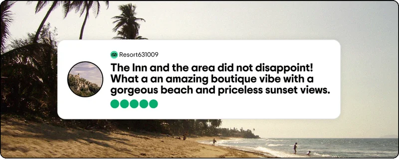 Image Description: Review snippet with five bubble rating reads: “The Inn and the area did not disappoint! What a an amazing boutique vibe with a gorgeous beach and priceless sunset views.”
