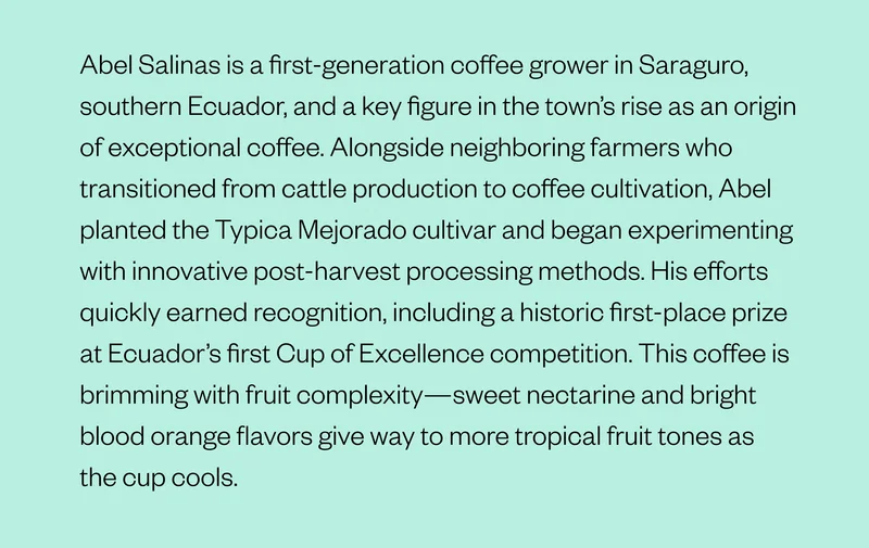Abel Salinas is a first-generation coffee grower in Saraguro, southern Ecuador, and a key figure in the town’s rise as an origin of exceptional coffee. Alongside neighboring farmers who transitioned from cattle production to coffee cultivation, Abel planted the Typica Mejorado cultivar and began experimenting with innovative post-harvest processing methods. His efforts quickly earned recognition, including a historic first-place prize at Ecuador’s first Cup of Excellence competition. This coffee is brimming with fruit complexity—sweet nectarine and bright blood orange flavors give way to more tropical fruit tones as the cup cools.