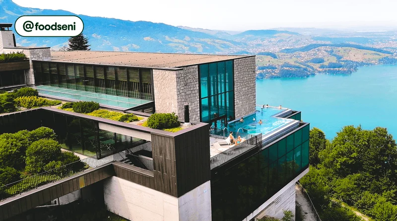 Image description: An aerial view of a resort with an outdoor pool, photo taken by @foodseni
