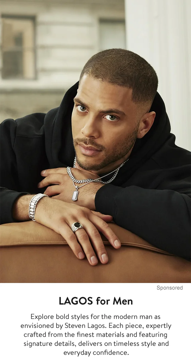 Man wearing LAGOS necklaces, bracelet and ring.