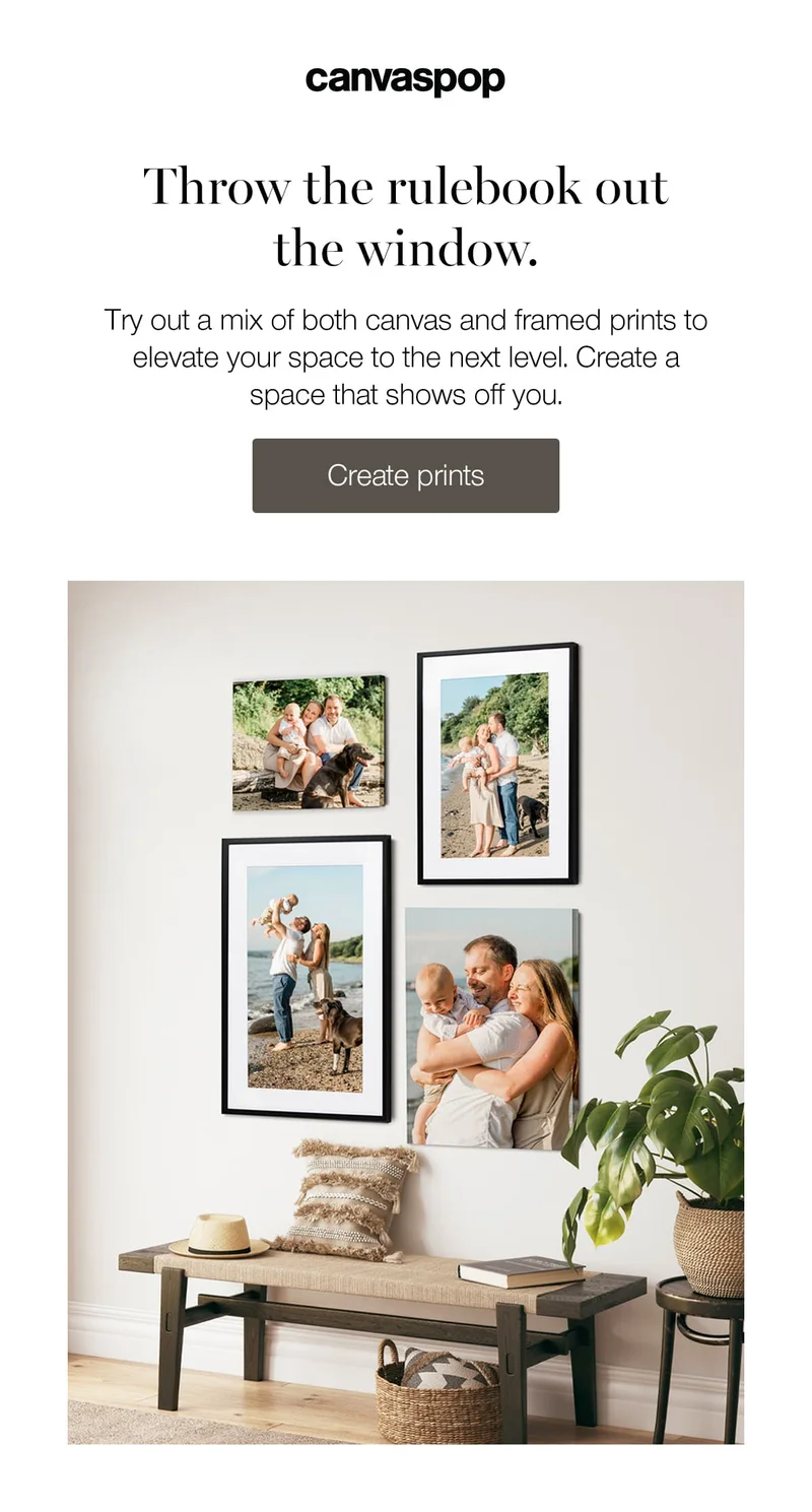 Throw the rulebook out the window. Try out a mix of both canvas and framed prints to elevate your space to the next level. Create a space that shows off you.