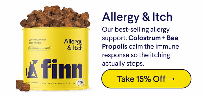 Text: Allergy & Itch Our best-selling allergy support. Colostrum + Bee Propolis calm the immune response so the itching actually stops.  CTA: Take 15% Off →