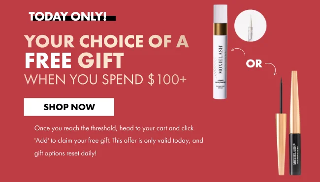 Banner with text: Your Choice of a Free Gift When You Spend $100+, with images of serum mascara and magnetic eyeliner