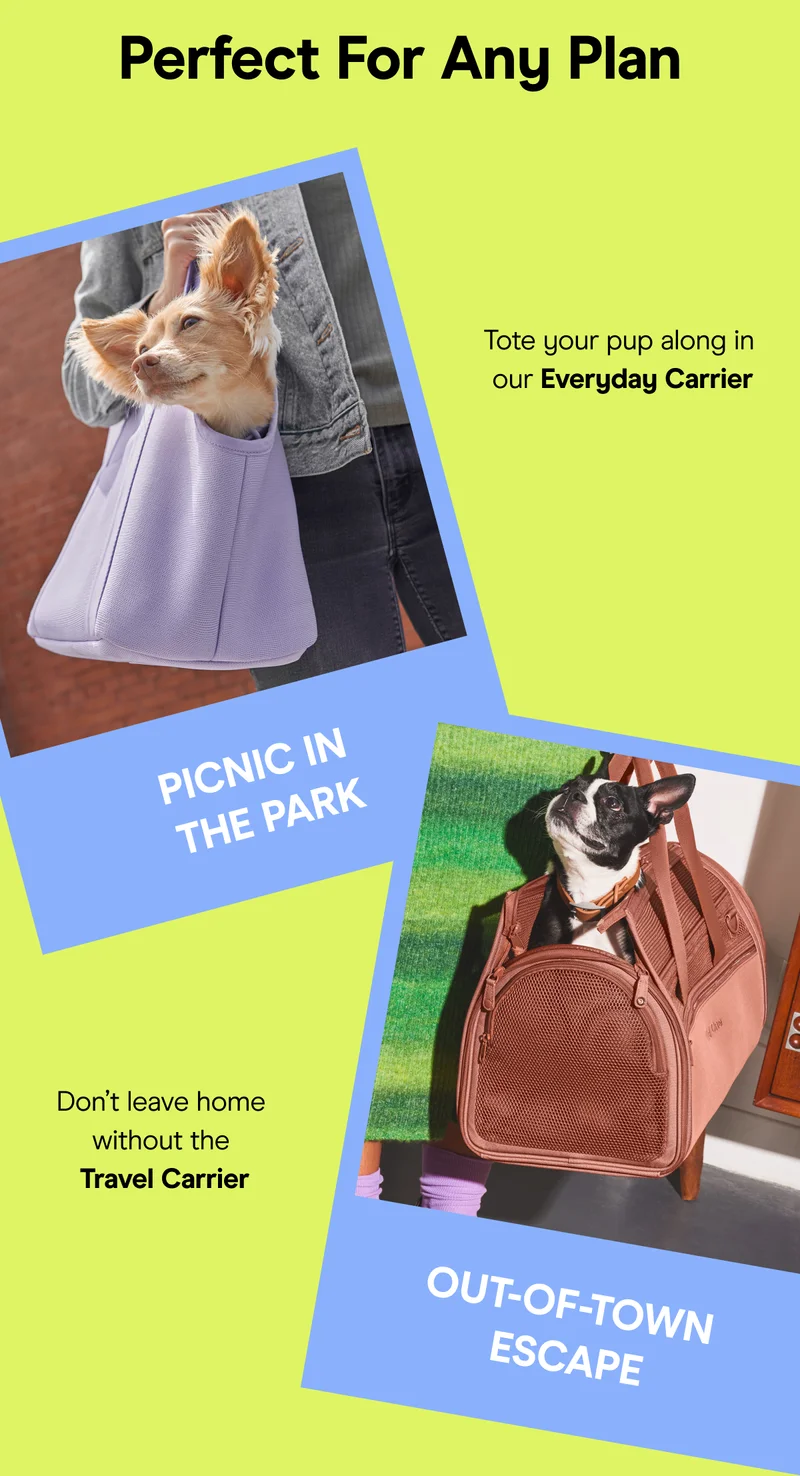Perfect for any plan. Tote your pup along in our Everyday Carrier. Don't leave home without the Travel Carrier.