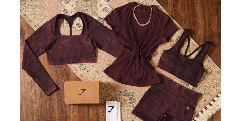 CHECK SEAMLESS WASHED LONG SLEEVE TOP, CHECK SEAMLESS WASHED BRA, AND CHECK SEAMLESS WASHED SHORTS -  PLUM BROWN/OXI WASH.