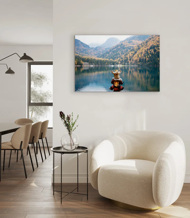 Canvas print in living room of father and child in the mountains.