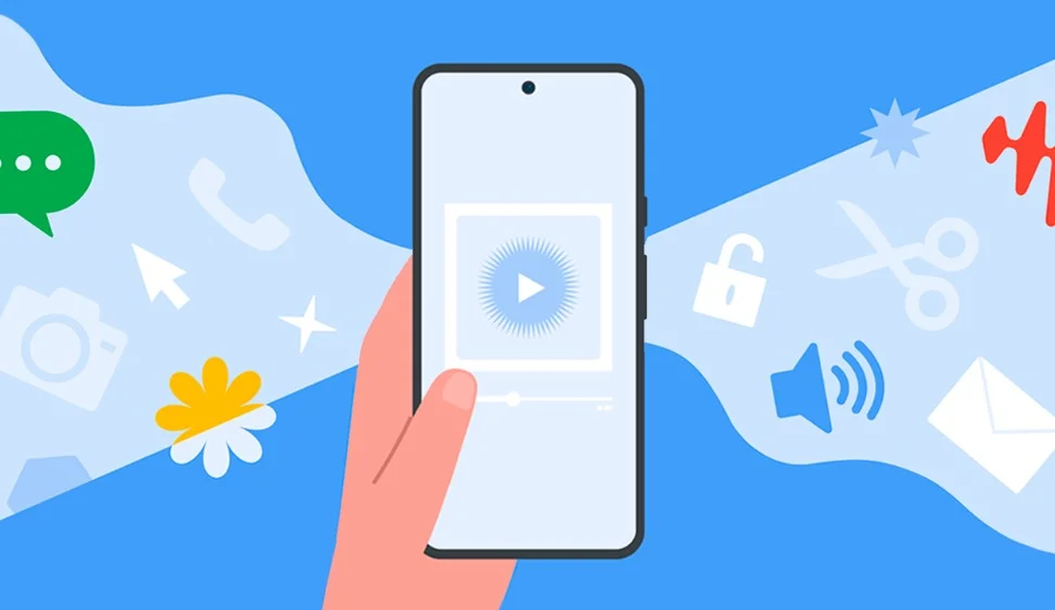 Illustration of a hand holding a Pixel phone with a play button icon in the middle. Abstract shapes surround the phone - including scissors, a lock, a camera, a cursor arrow and a text bubble.